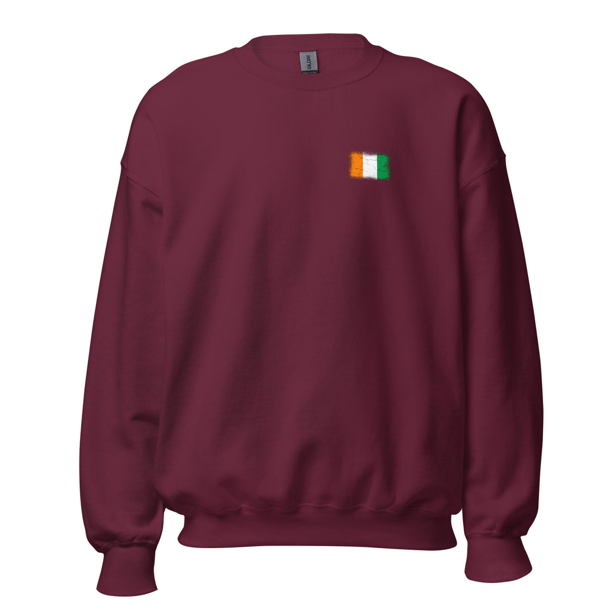 Côte d'Ivoire flag crew sweatshirt in Maroon, vintage-washed print, small flag on the left chest, unisex cut, front view