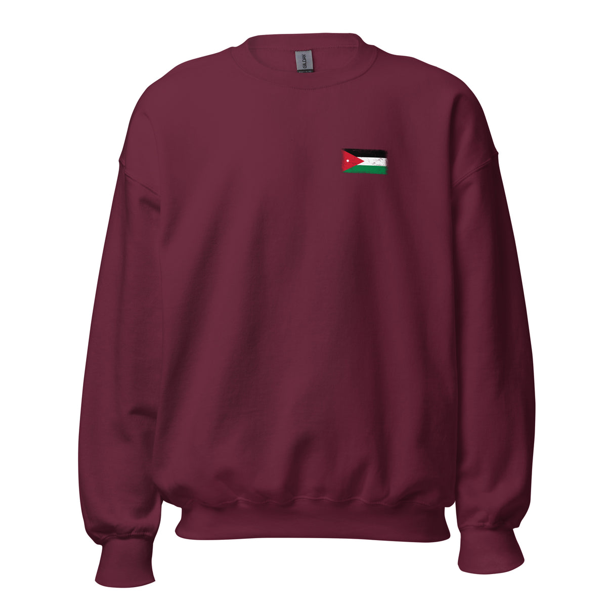 Jordan flag crew sweatshirt in Maroon, vintage-washed print, small flag on the left chest, unisex cut, front view