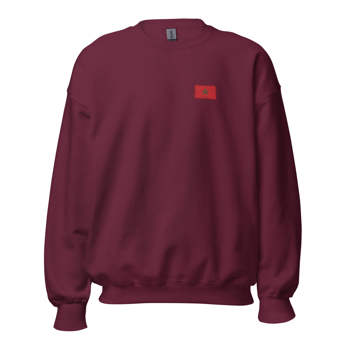 Morocco flag crew sweatshirt in Maroon, vintage-washed print, small flag on the left chest, unisex cut, front view