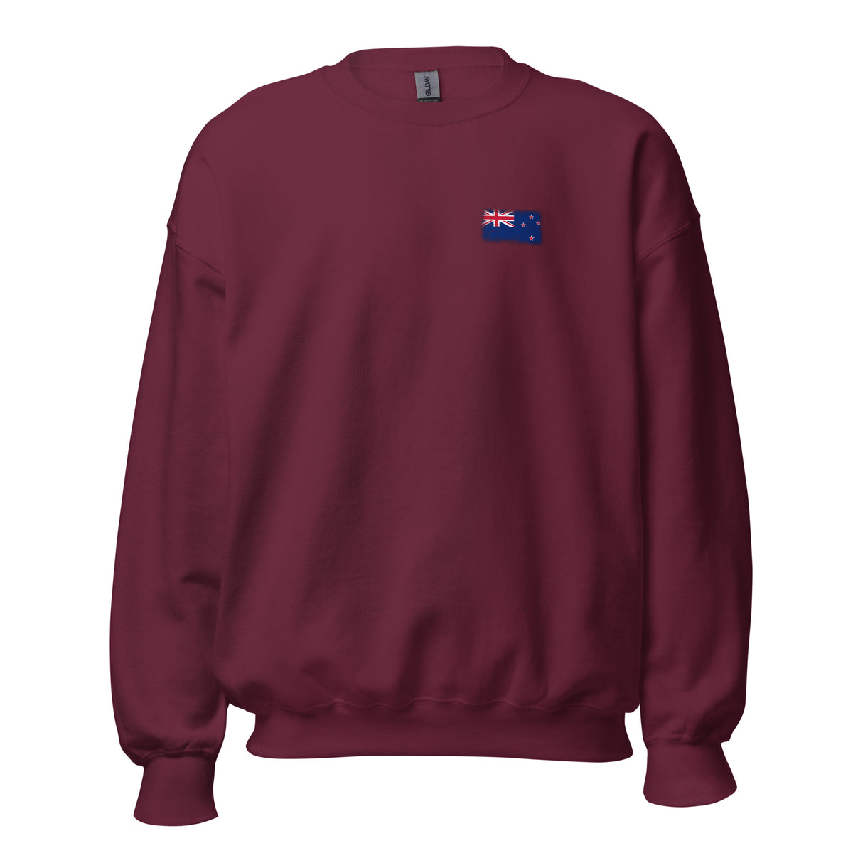 New Zealand flag crew sweatshirt in Maroon, vintage-washed print, small flag on the left chest, unisex cut, front view