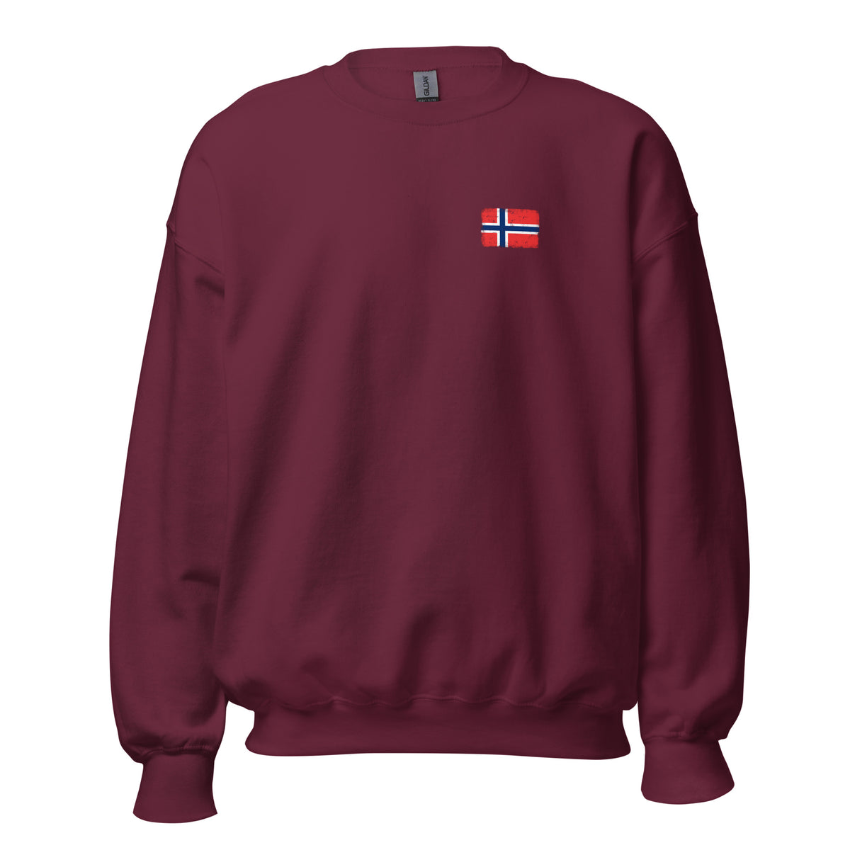 Norway flag crew sweatshirt in Maroon, vintage-washed print, small flag on the left chest, unisex cut, front view