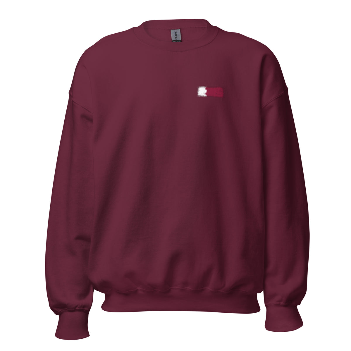 Qatar flag crew sweatshirt in Maroon, vintage-washed print, small flag on the left chest, unisex cut, front view