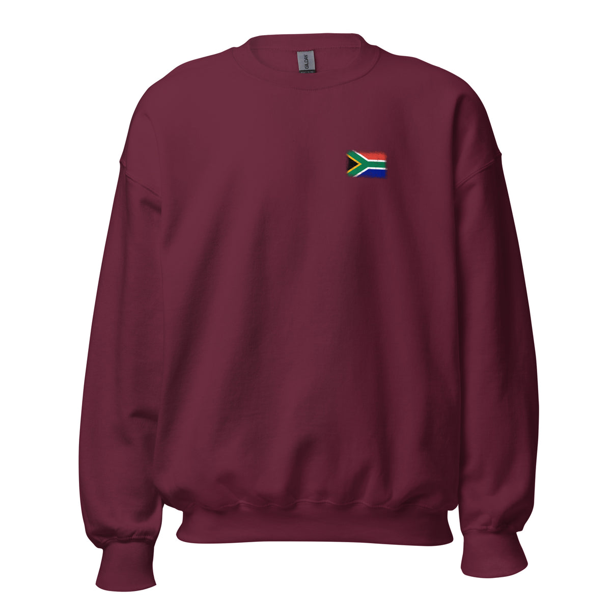 South Africa flag crew sweatshirt in Maroon, vintage-washed print, small flag on the left chest, unisex cut, front view