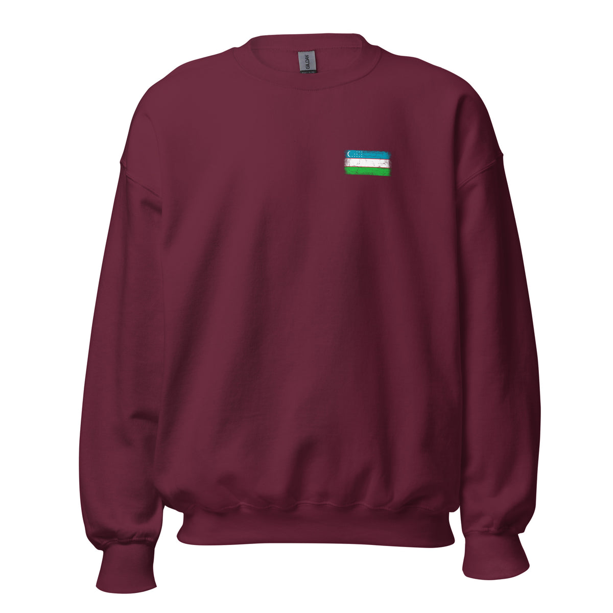 Uzbekistan flag crew sweatshirt in Maroon, vintage-washed print, small flag on the left chest, unisex cut, front view