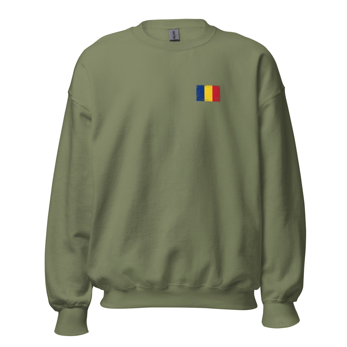 Romania flag crew sweatshirt in Military Green, vintage-washed print, small flag on the left chest, unisex cut, front view
