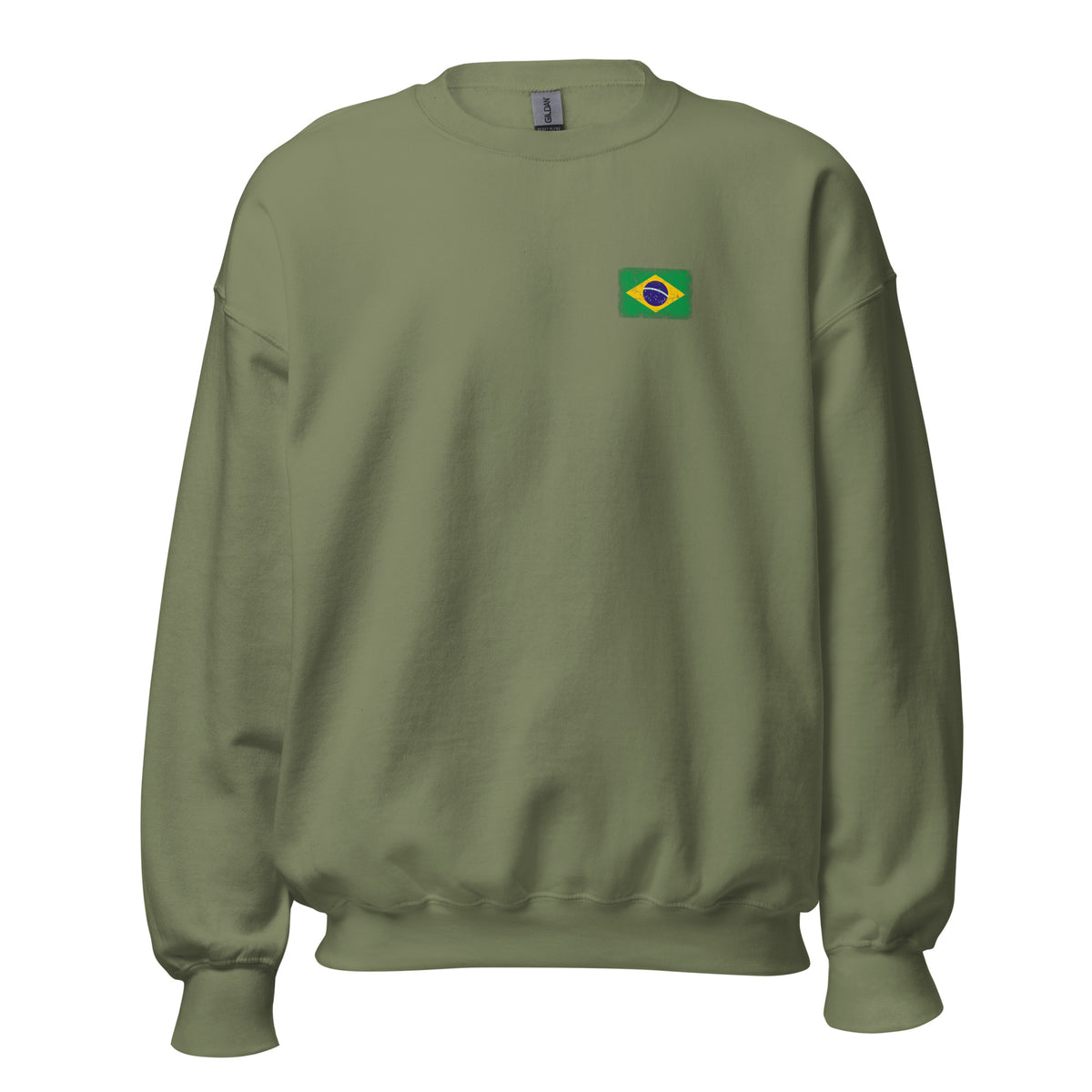 Brasil flag crew sweatshirt in Military Green, vintage-washed print, small flag on the left chest, unisex cut, front view