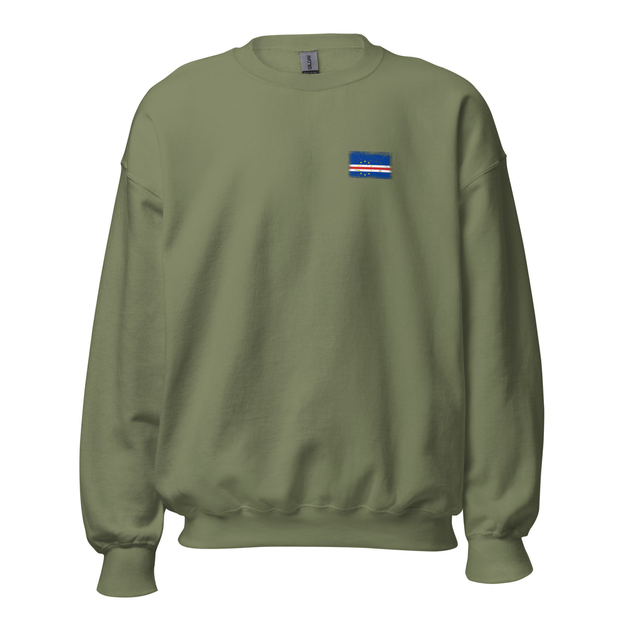 Cape Verde flag crew sweatshirt in Military Green, vintage-washed print, small flag on the left chest, unisex cut, front view
