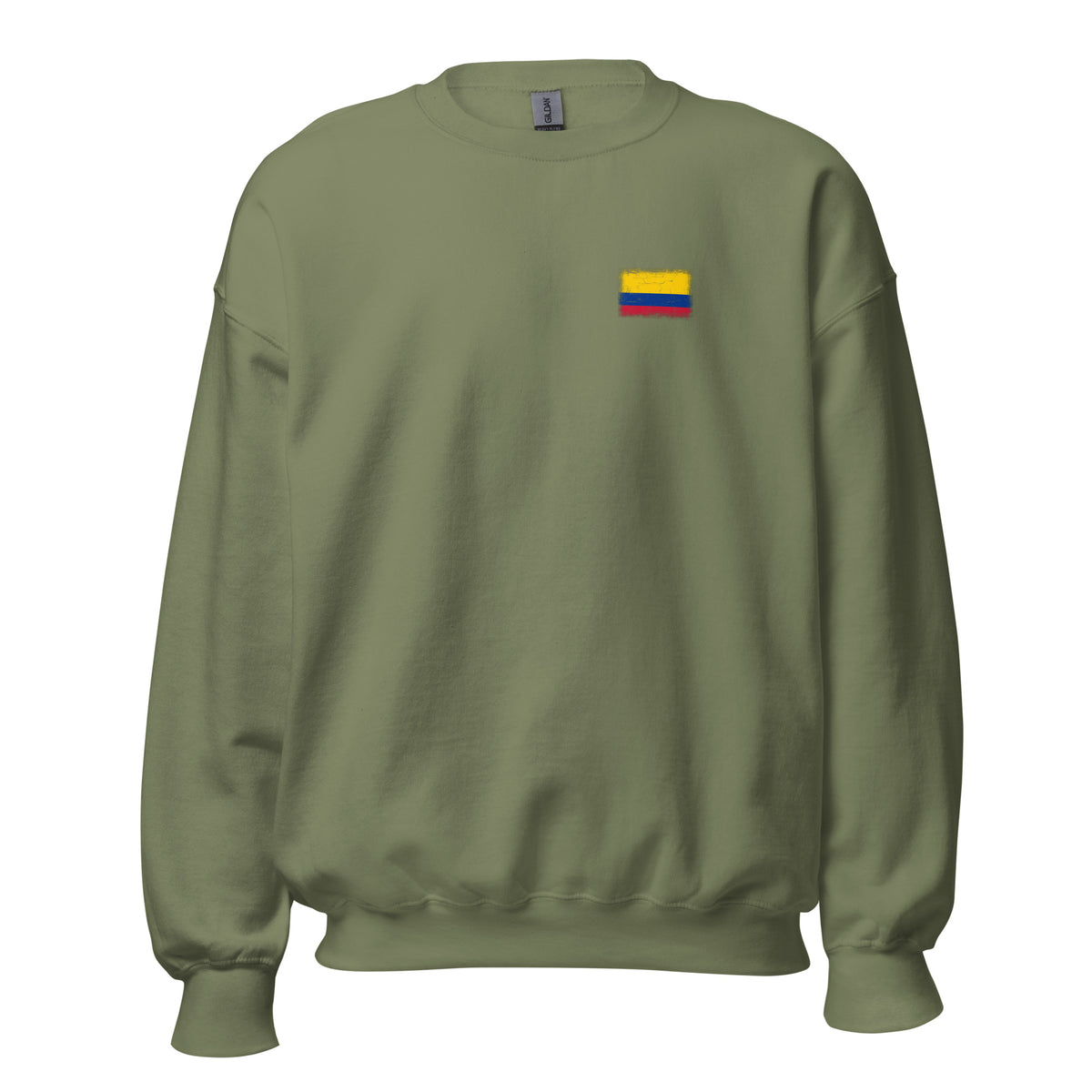 Colombia flag crew sweatshirt in Military Green, vintage-washed print, small flag on the left chest, unisex cut, front view