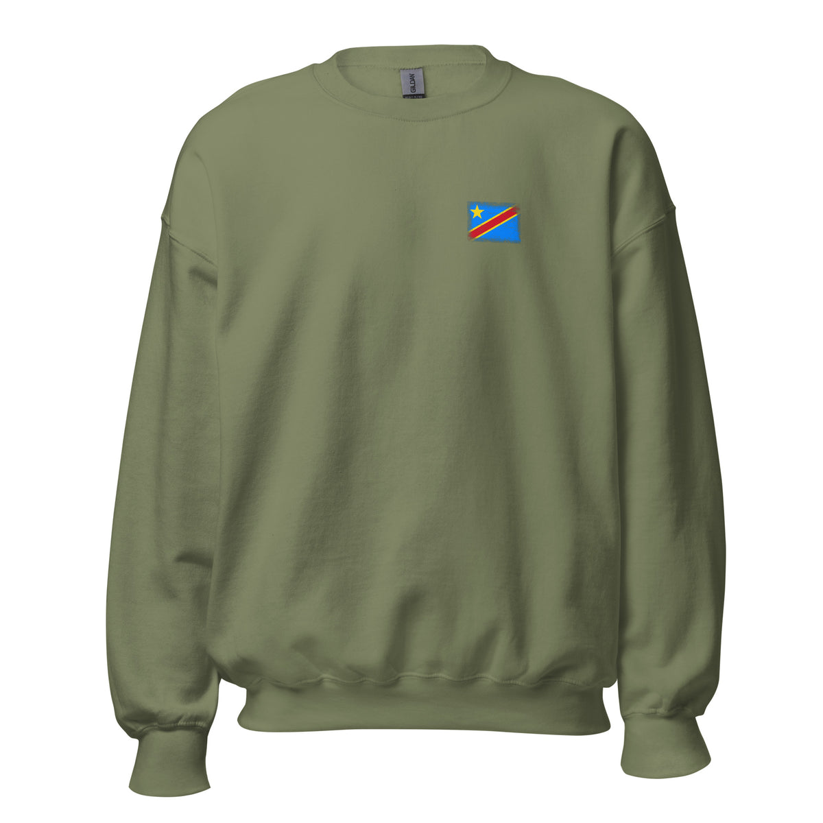 Congo flag crew sweatshirt in Military Green, vintage-washed print, small flag on the left chest, unisex cut, front view