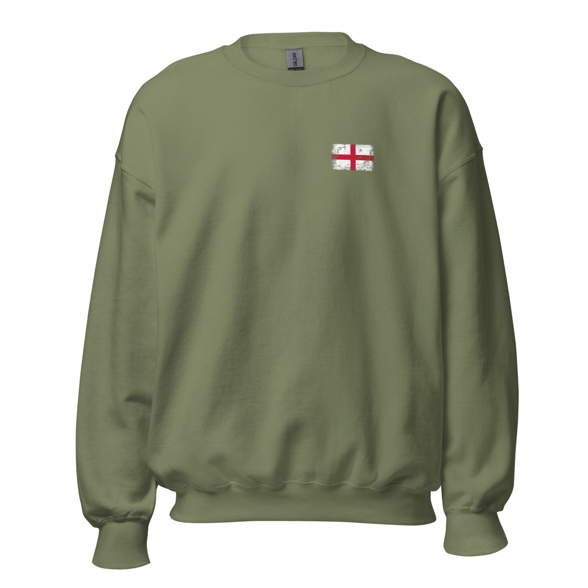 England flag crew sweatshirt in Military Green, vintage-washed print, small flag on the left chest, unisex cut, front view
