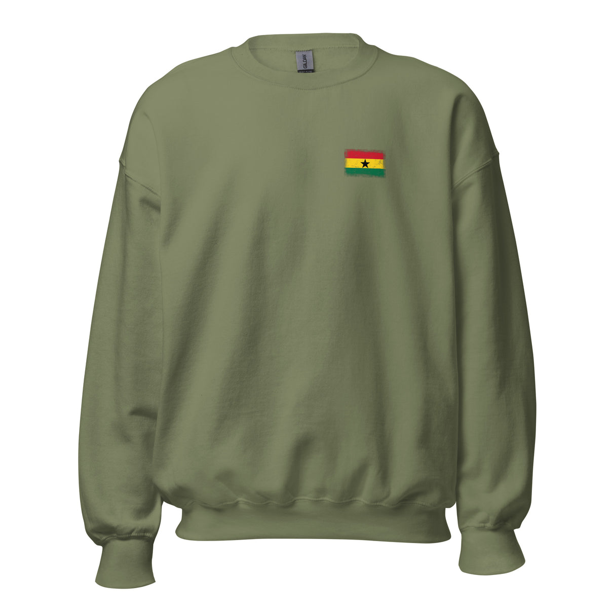 Ghana flag crew sweatshirt in Military Green, vintage-washed print, small flag on the left chest, unisex cut, front view