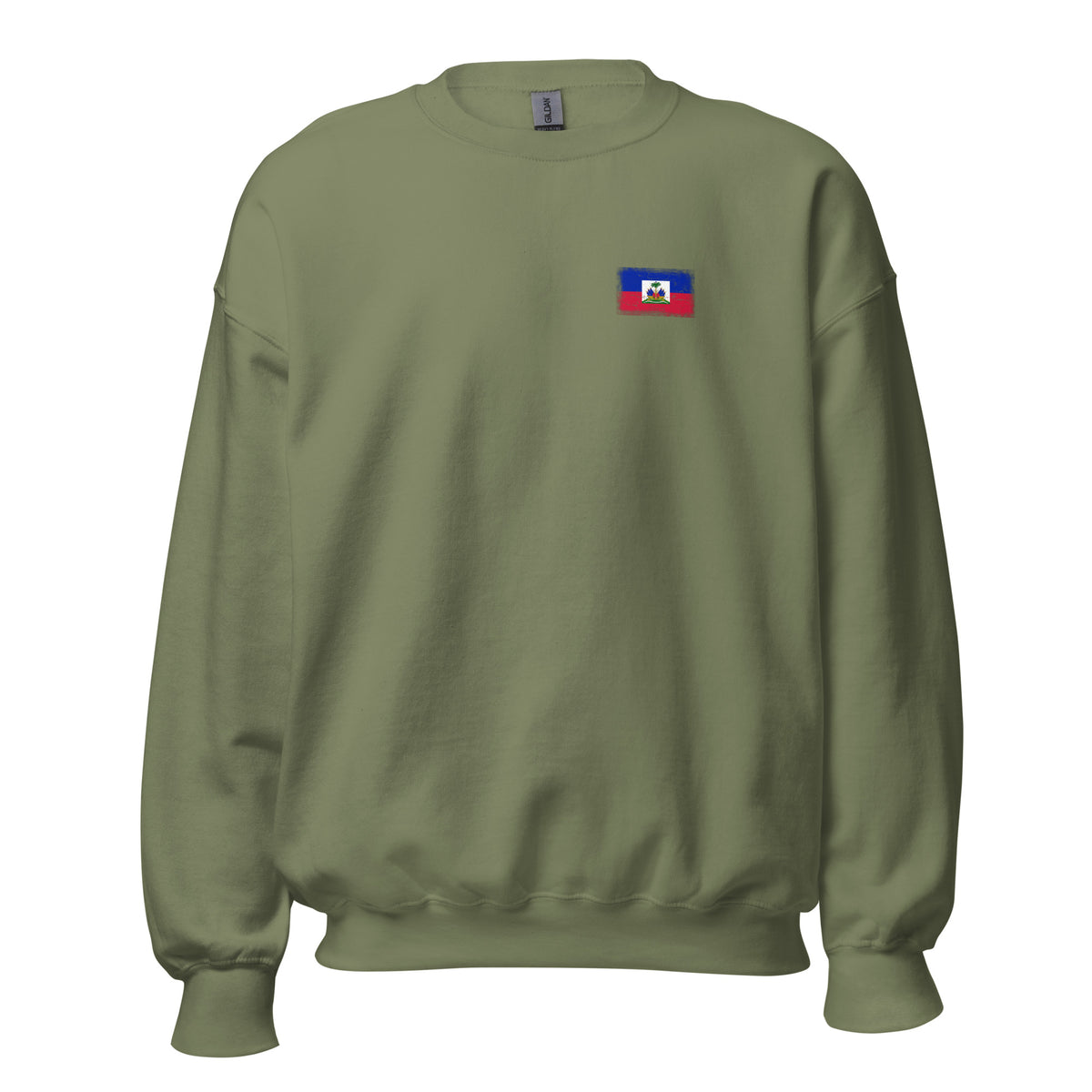 Haiti flag crew sweatshirt in Military Green, vintage-washed print, small flag on the left chest, unisex cut, front view