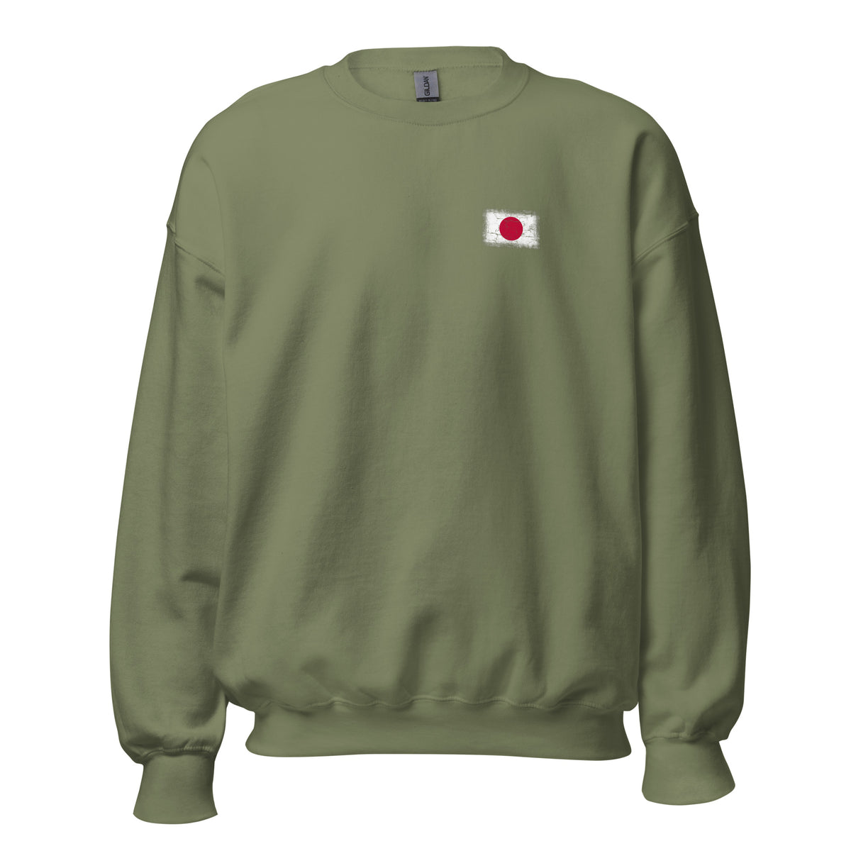 Japan flag crew sweatshirt in Military Green, vintage-washed print, small flag on the left chest, unisex cut, front view