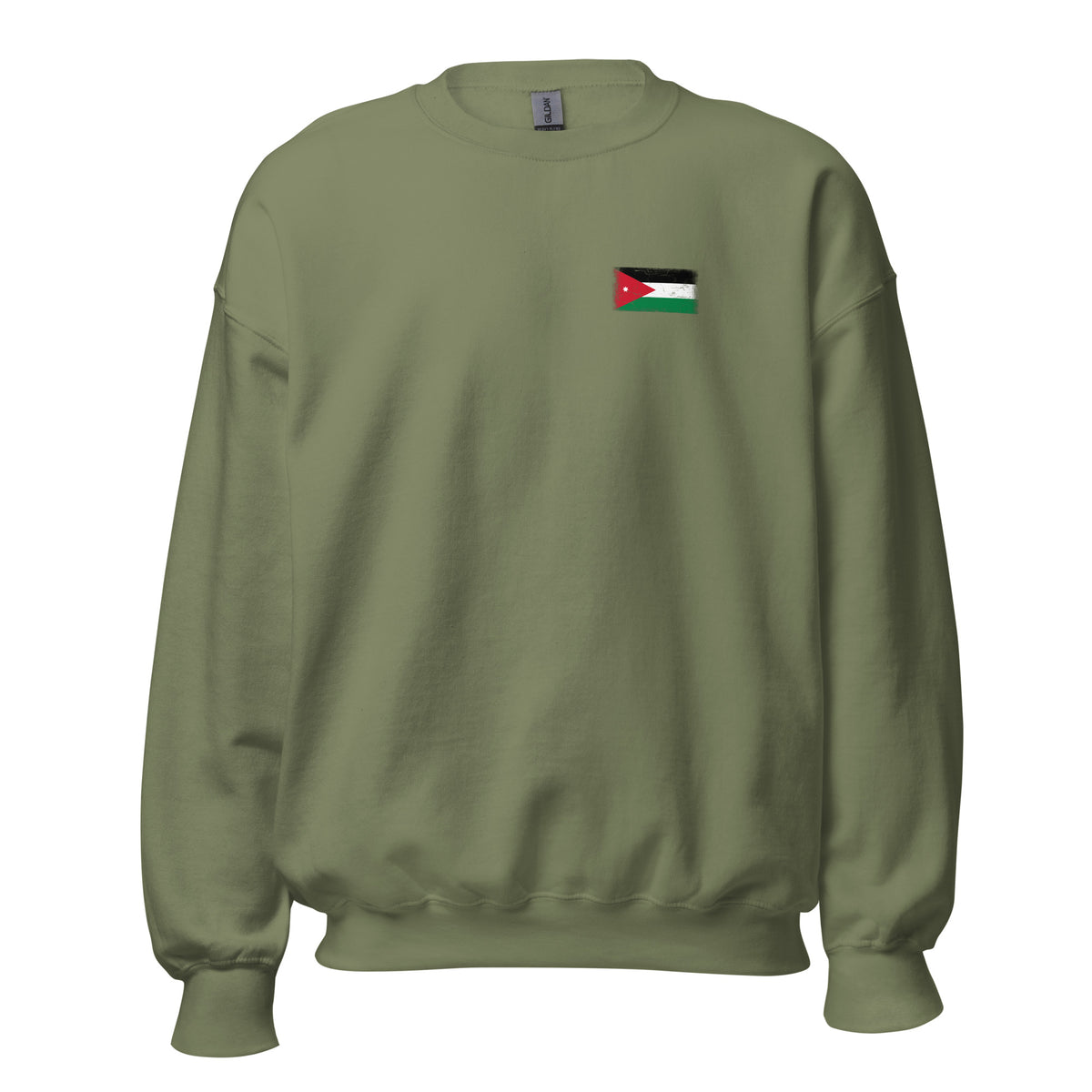 Jordan flag crew sweatshirt in Military Green, vintage-washed print, small flag on the left chest, unisex cut, front view