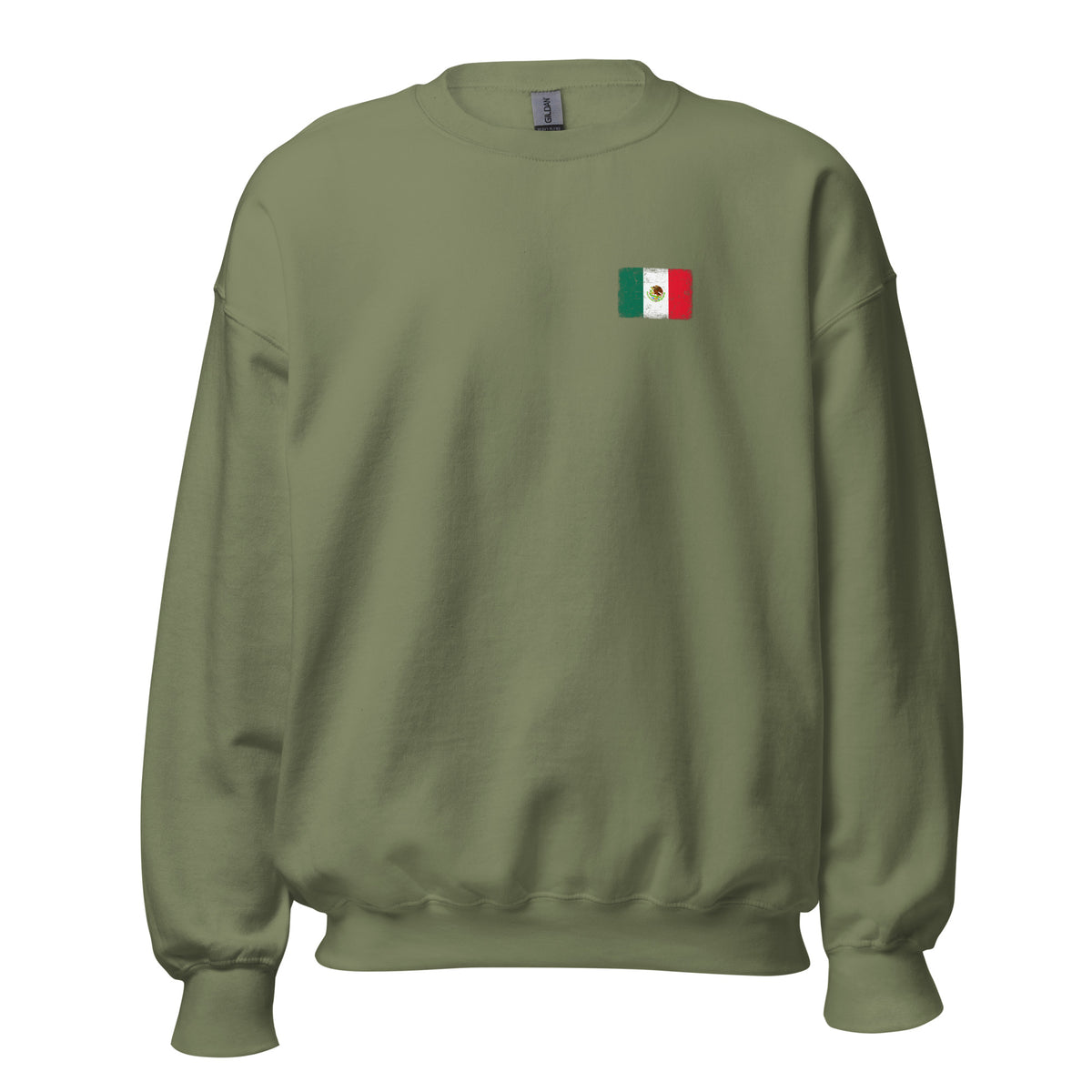 Mexico flag crew sweatshirt in Military Green, vintage-washed print, small flag on the left chest, unisex cut, front view