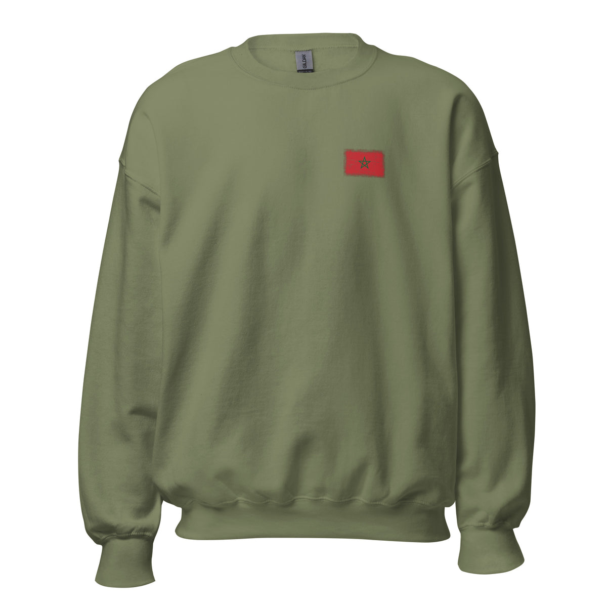 Morocco flag crew sweatshirt in Military Green, vintage-washed print, small flag on the left chest, unisex cut, front view