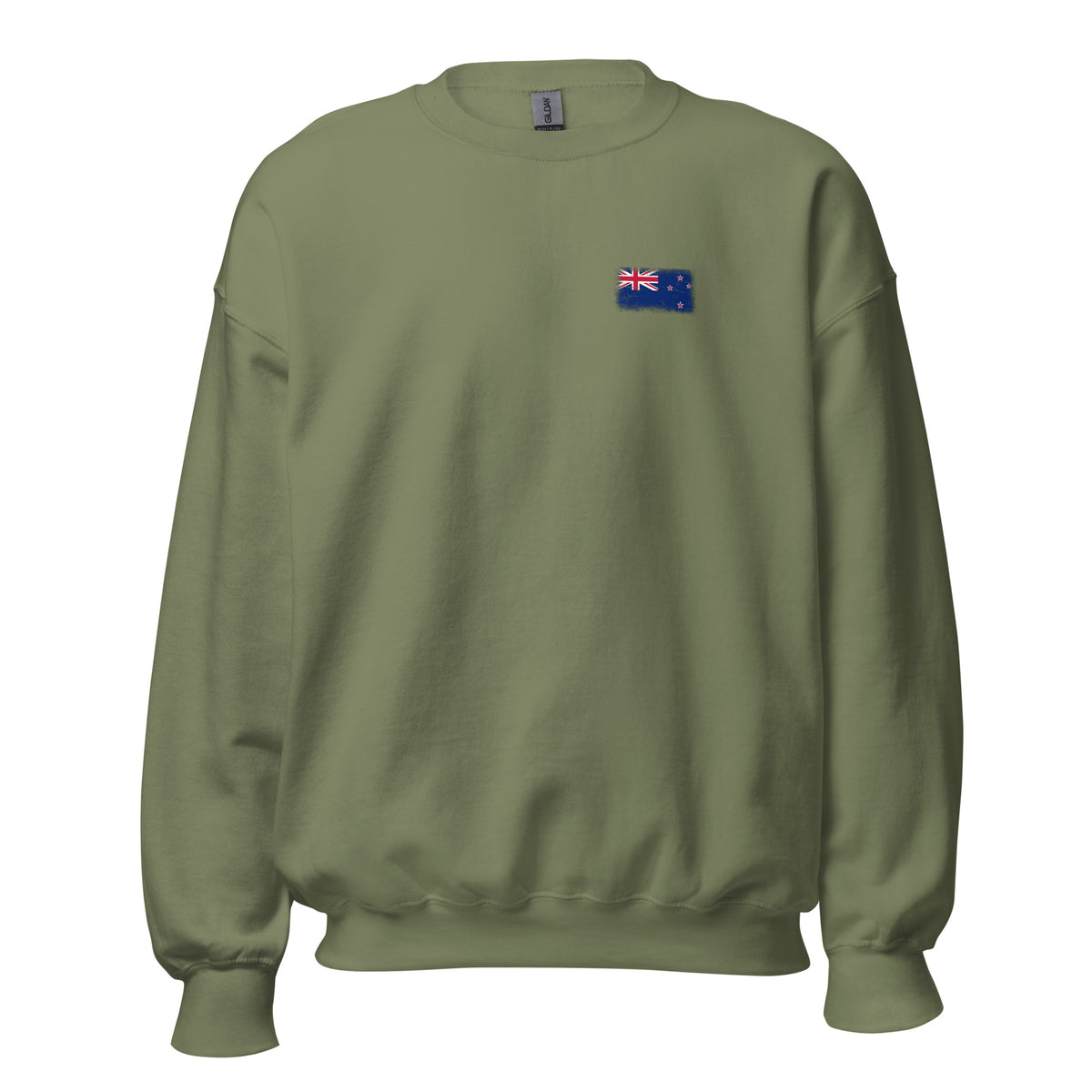 New Zealand flag crew sweatshirt in Military Green, vintage-washed print, small flag on the left chest, unisex cut, front view