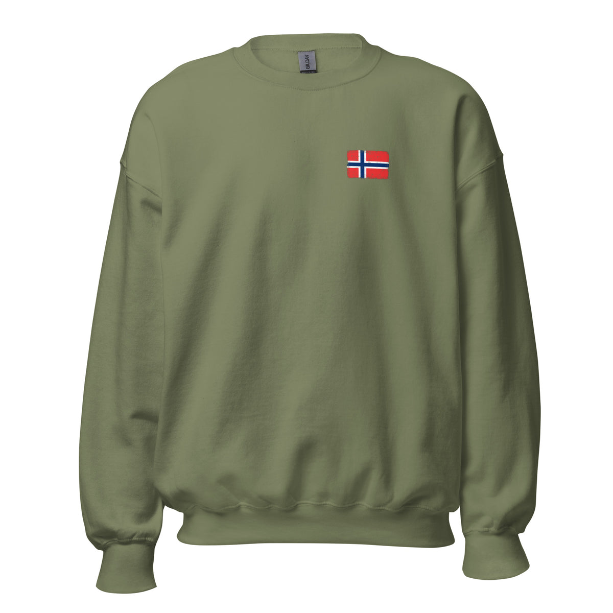 Norway flag crew sweatshirt in Military Green, vintage-washed print, small flag on the left chest, unisex cut, front view