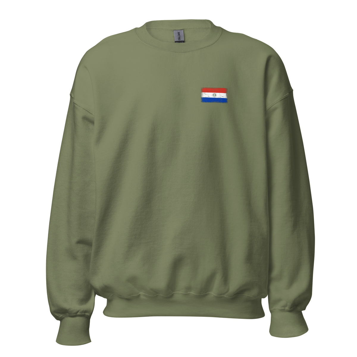 Paraguay flag crew sweatshirt in Military Green, vintage-washed print, small flag on the left chest, unisex cut, front view