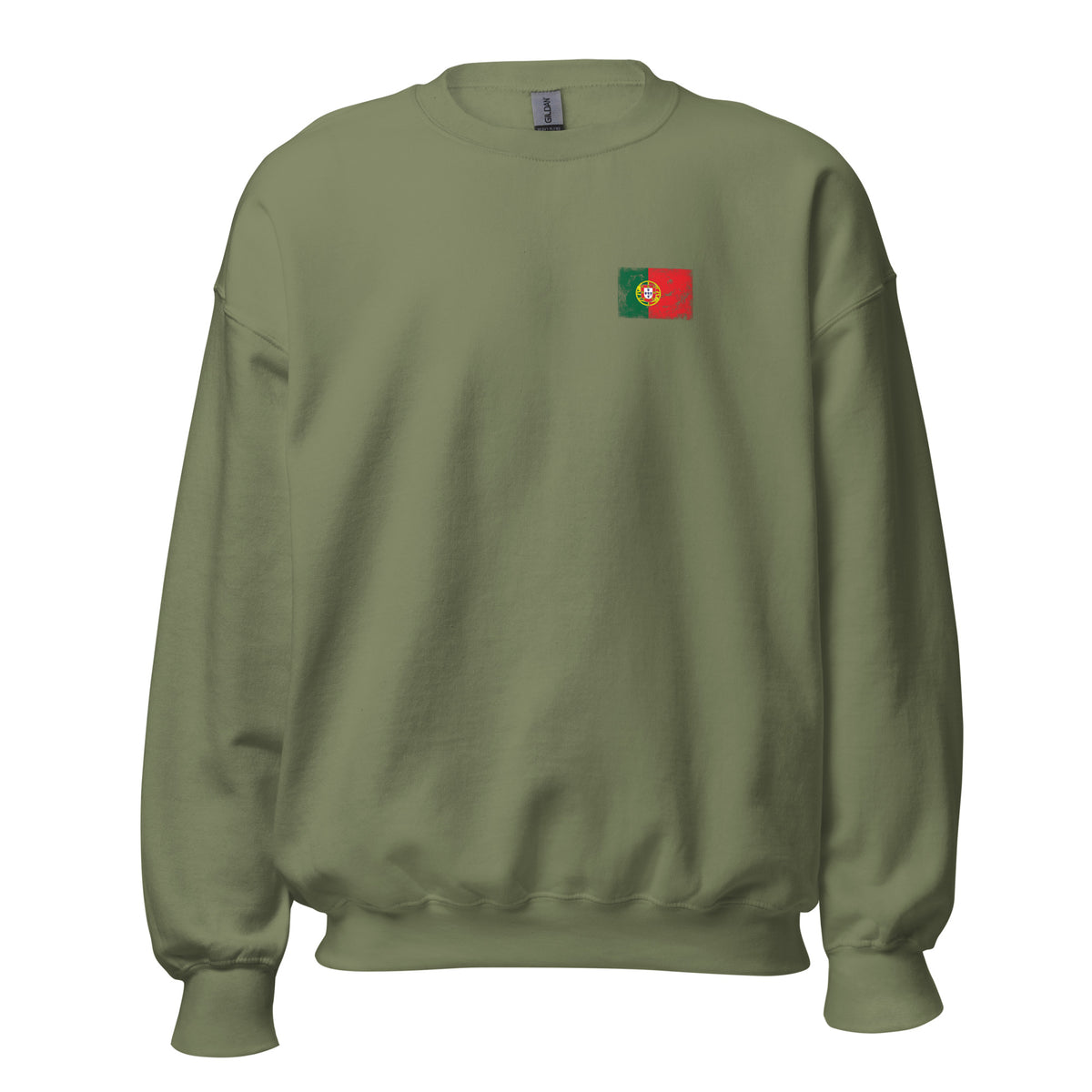 Portugal flag crew sweatshirt in Military Green, vintage-washed print, small flag on the left chest, unisex cut, front view