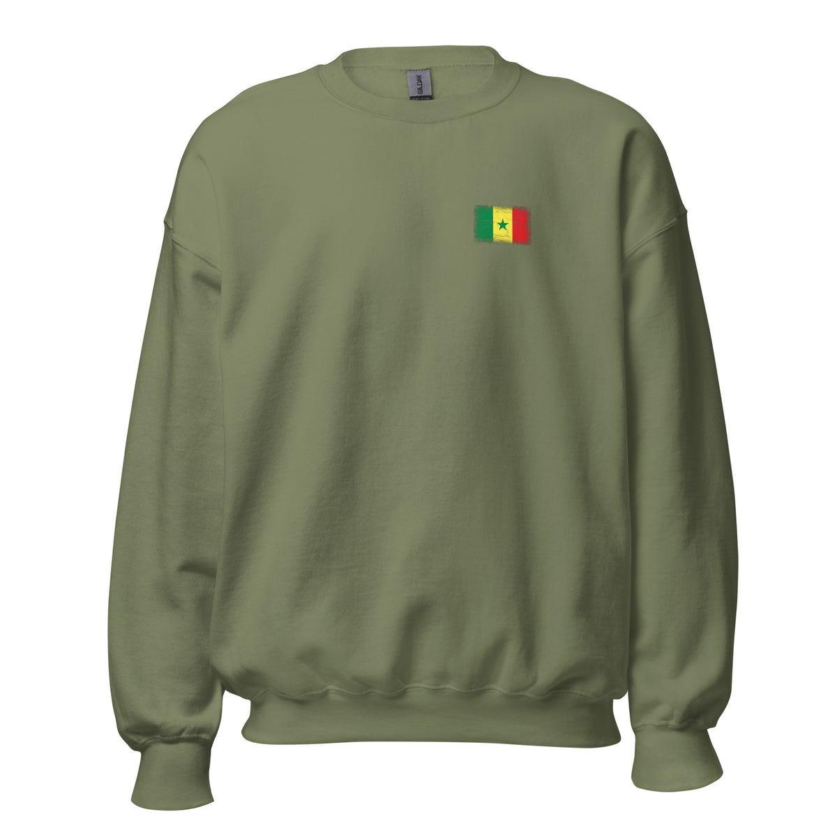 Senegal flag crew sweatshirt in Military Green, vintage-washed print, small flag on the left chest, unisex cut, front view