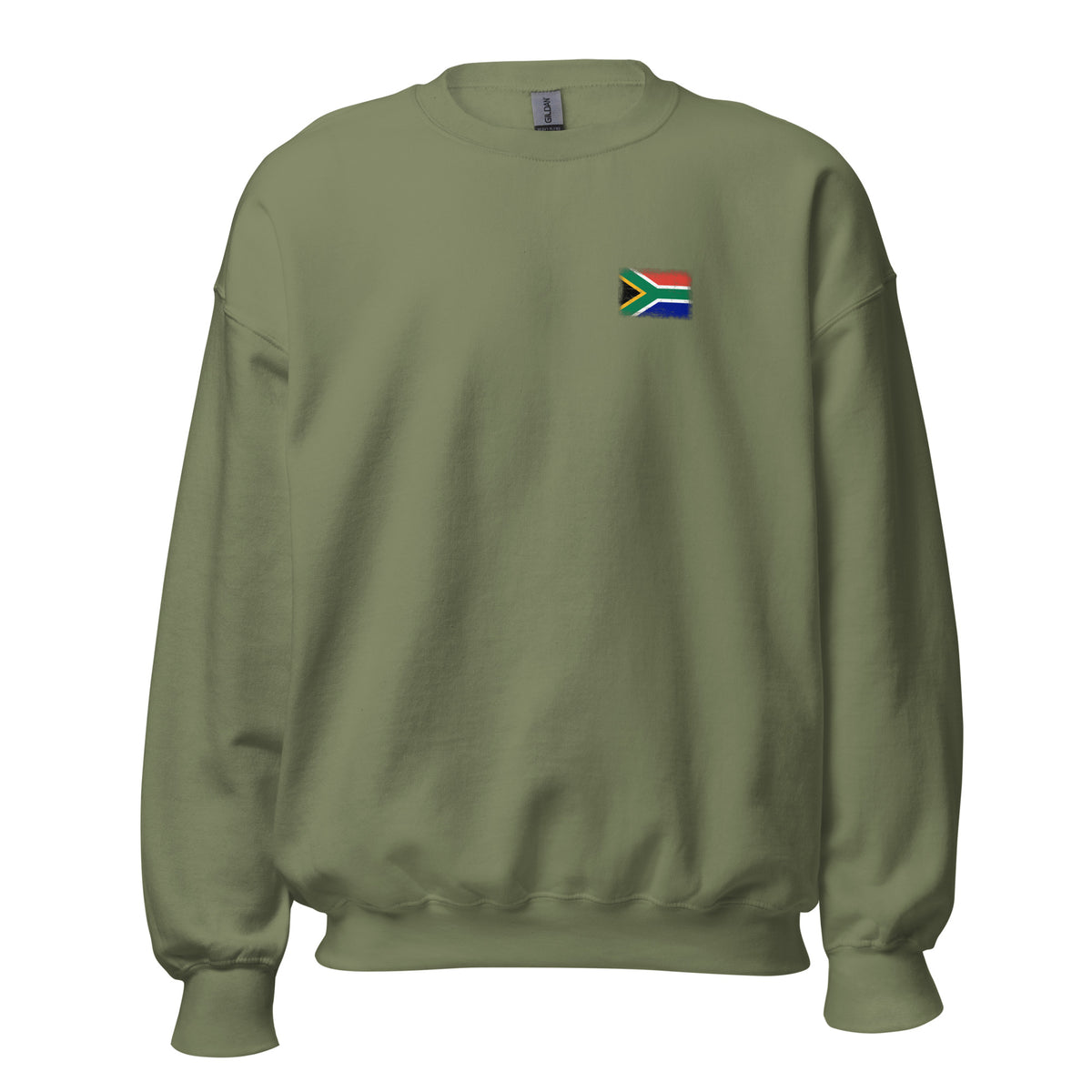 South Africa flag crew sweatshirt in Military Green, vintage-washed print, small flag on the left chest, unisex cut, front view