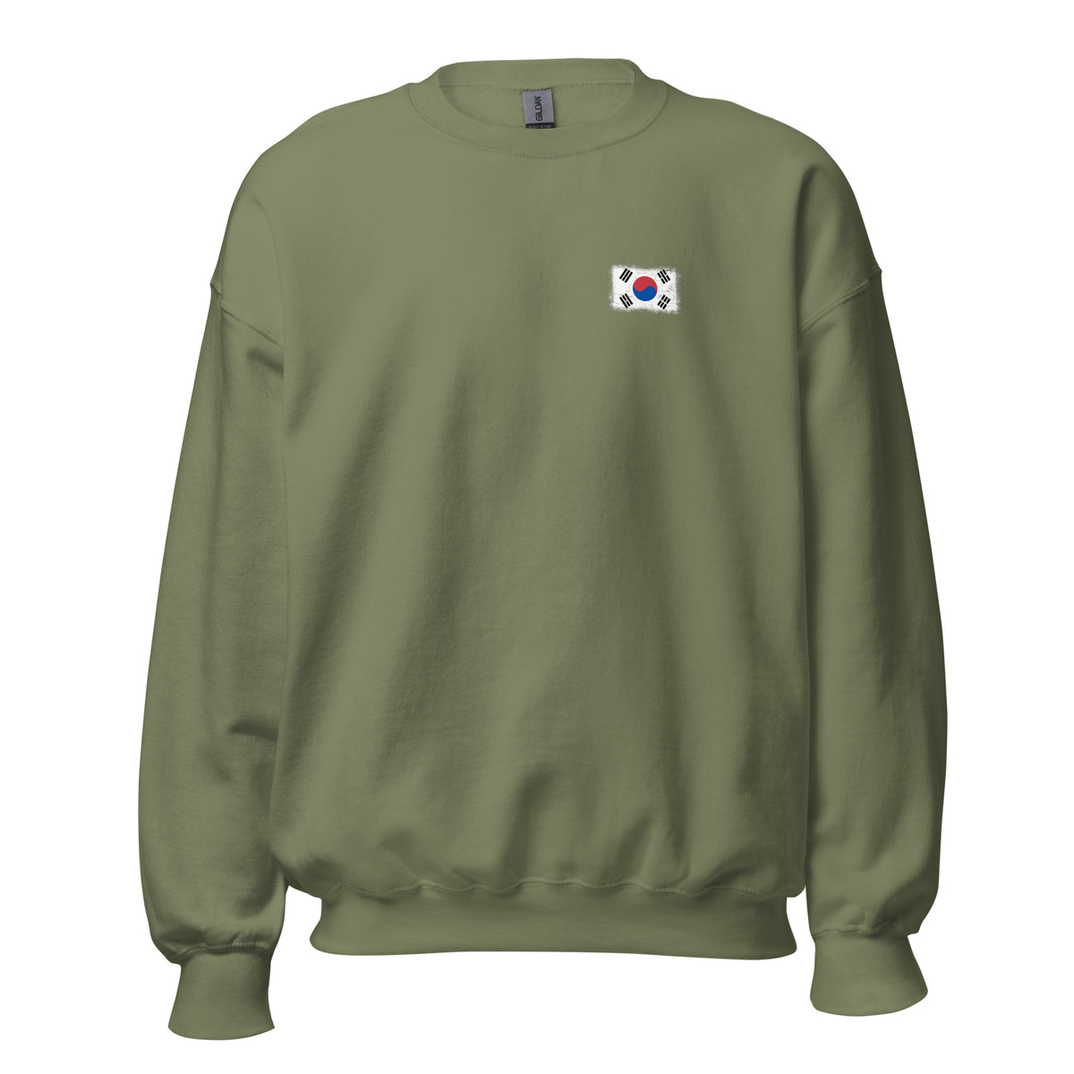 South Korea flag crew sweatshirt in Military Green, vintage-washed print, small flag on the left chest, unisex cut, front view