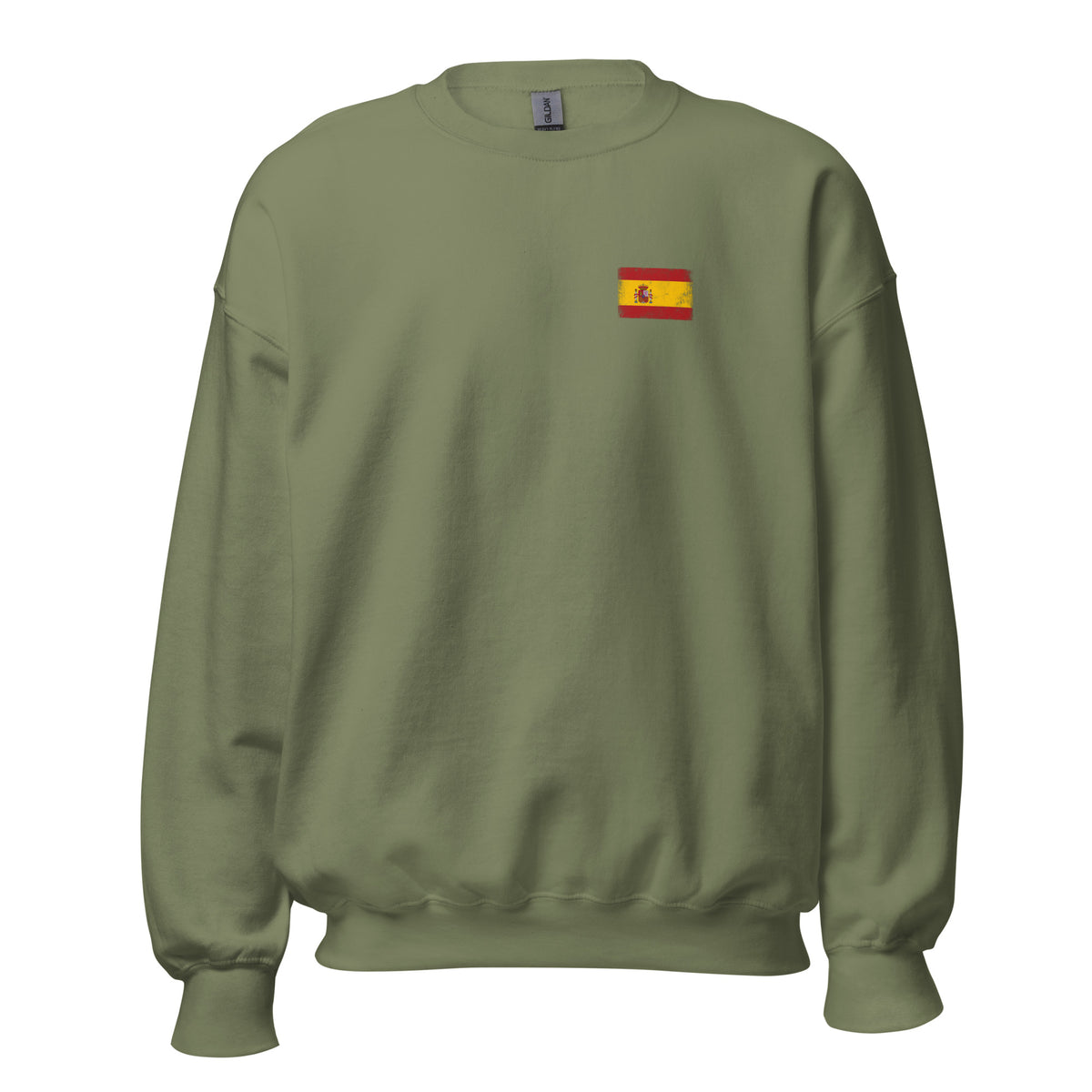 Spain flag crew sweatshirt in Military Green, vintage-washed print, small flag on the left chest, unisex cut, front view