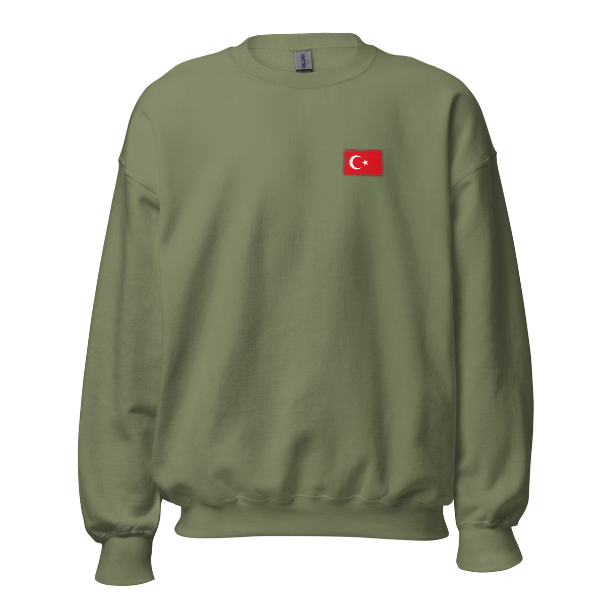 Turkey flag crew sweatshirt in Military Green, vintage-washed print, small flag on the left chest, unisex cut, front view