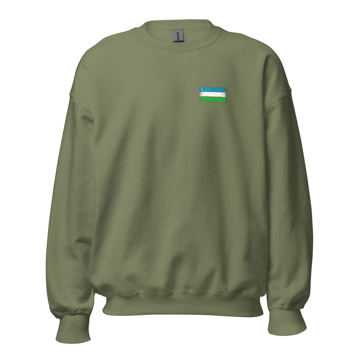 Uzbekistan flag crew sweatshirt in Military Green, vintage-washed print, small flag on the left chest, unisex cut, front view
