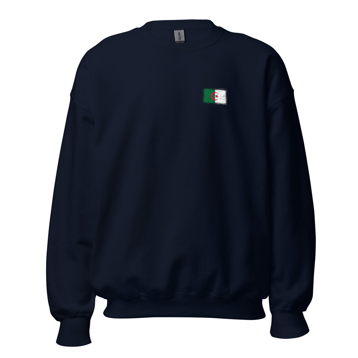 Algeria flag crew sweatshirt in Navy, vintage-washed print, small flag on the left chest, unisex cut, front view
