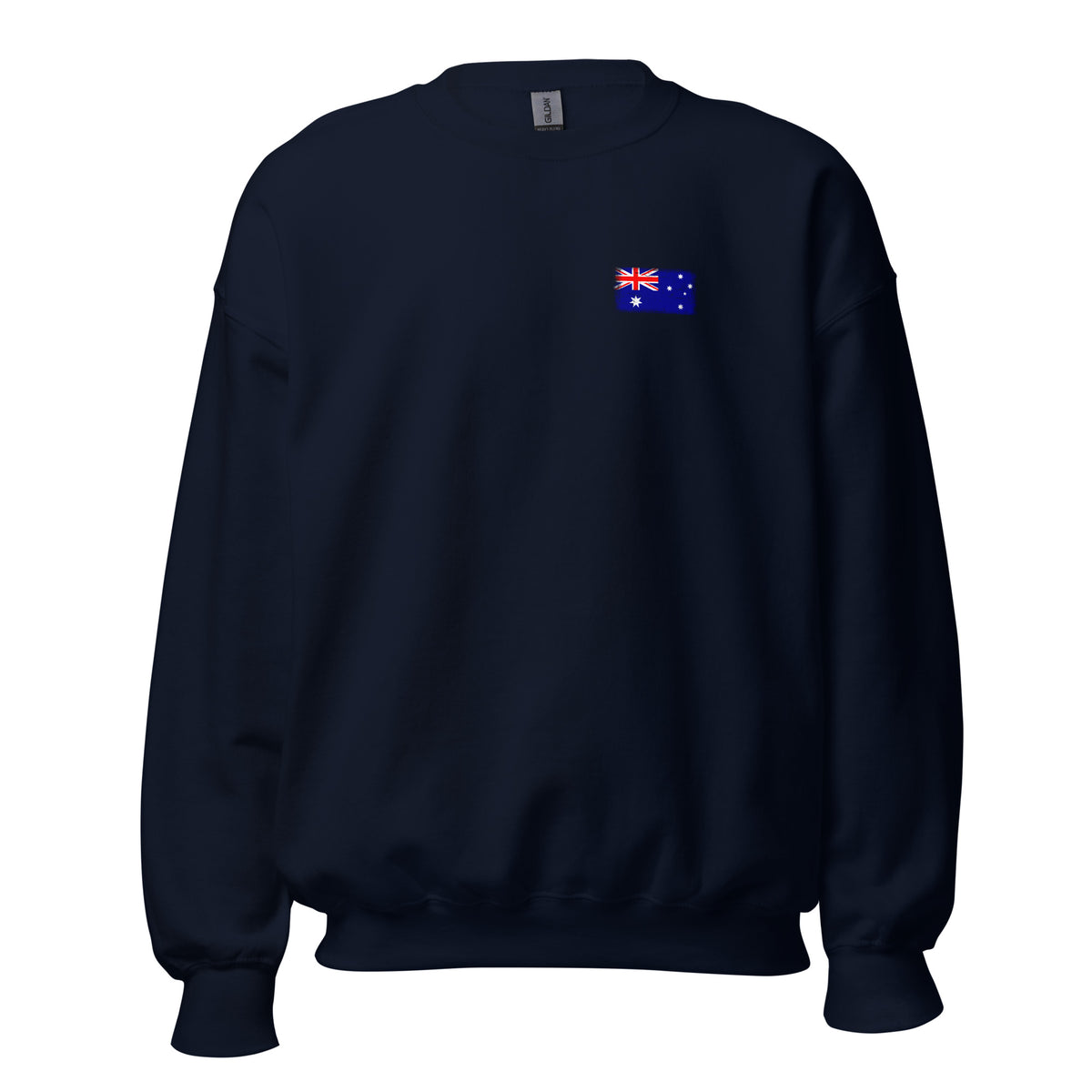 Australia flag crew sweatshirt in Navy, vintage-washed print, small flag on the left chest, unisex cut, front view