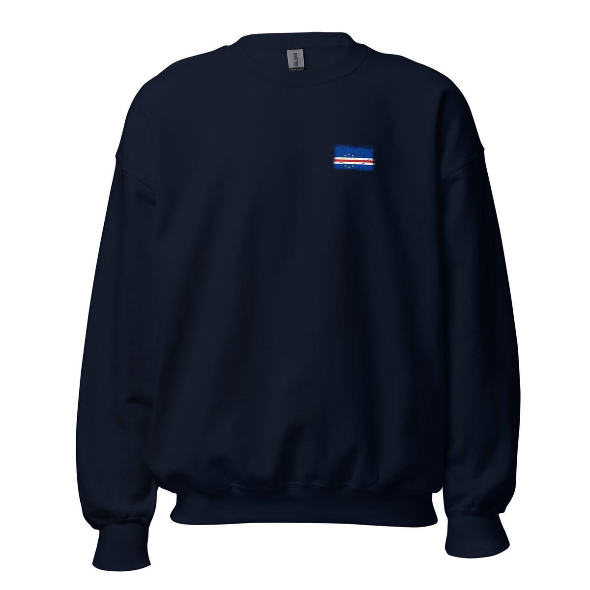 Cape Verde flag crew sweatshirt in Navy, vintage-washed print, small flag on the left chest, unisex cut, front view
