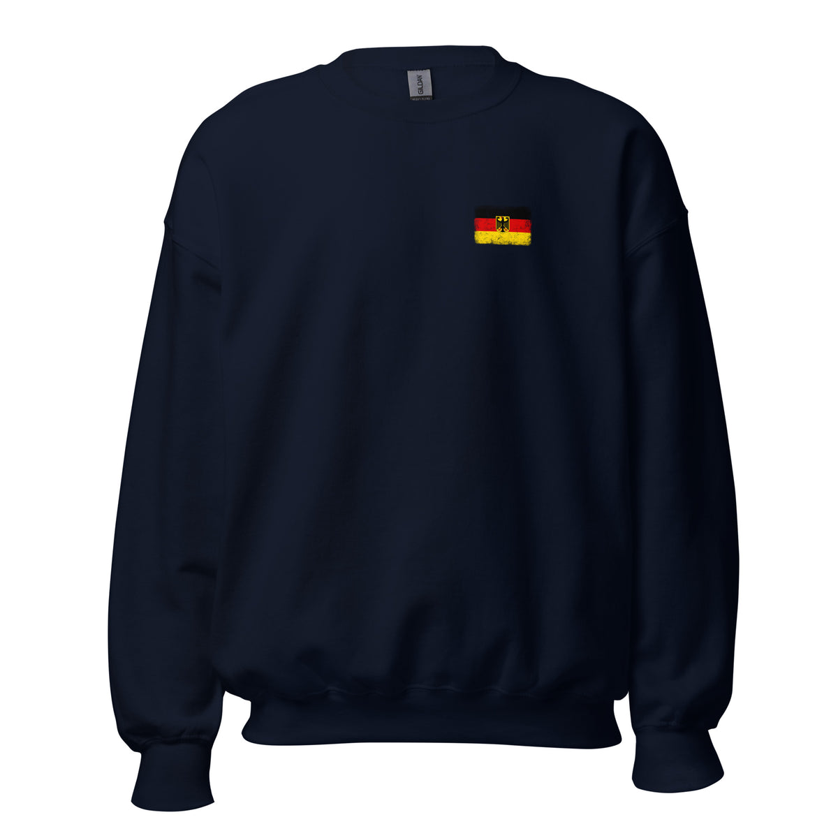 Germany flag crew sweatshirt in Navy, vintage-washed print, small flag on the left chest, unisex cut, front view