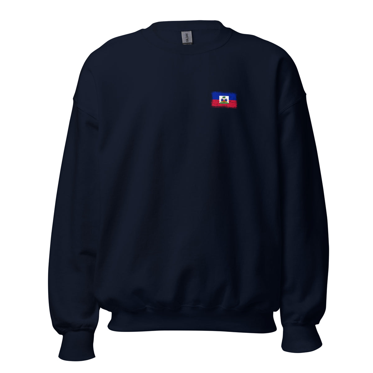 Haiti flag crew sweatshirt in Navy, vintage-washed print, small flag on the left chest, unisex cut, front view