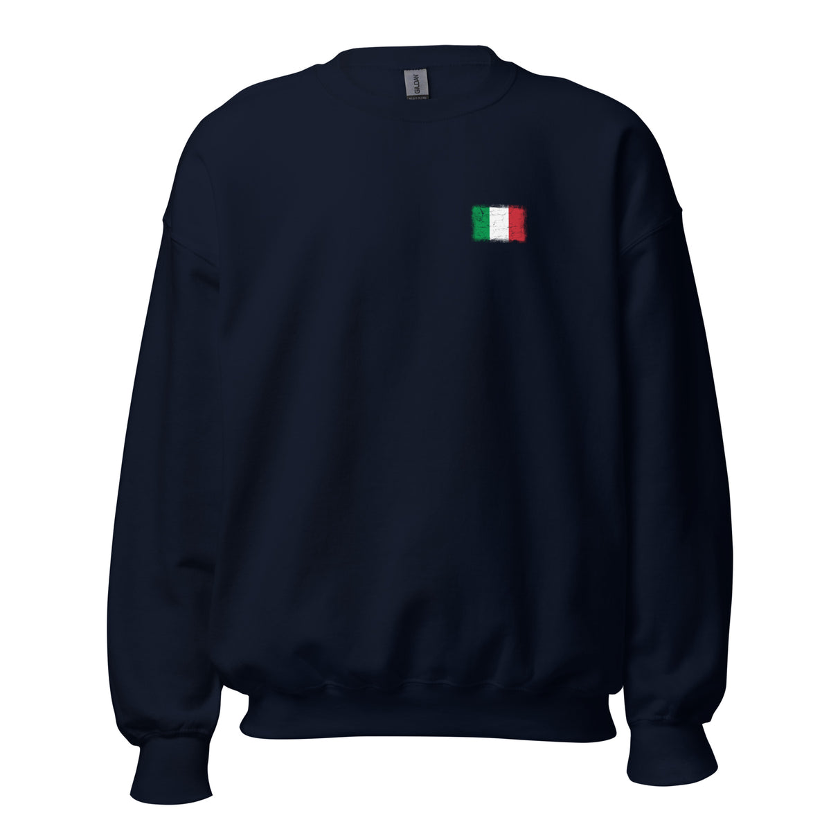 Italy flag crew sweatshirt in Navy, vintage-washed print, small flag on the left chest, unisex cut, front view