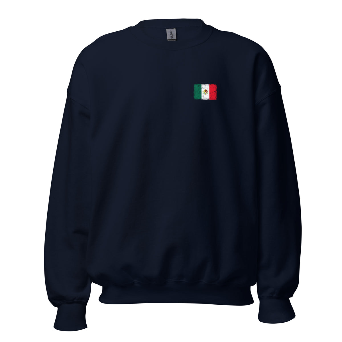Mexico flag crew sweatshirt in Navy, vintage-washed print, small flag on the left chest, unisex cut, front view