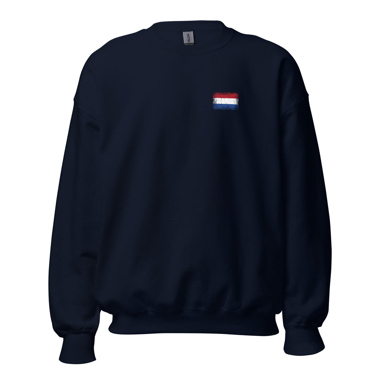 Netherlands flag crew sweatshirt in Navy, vintage-washed print, small flag on the left chest, unisex cut, front view