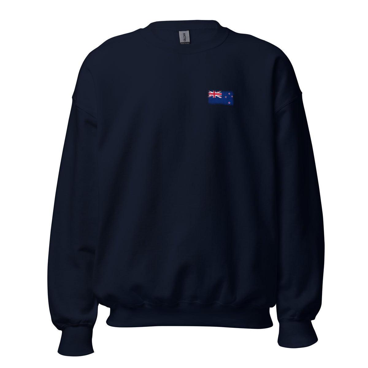 New Zealand flag crew sweatshirt in Navy, vintage-washed print, small flag on the left chest, unisex cut, front view