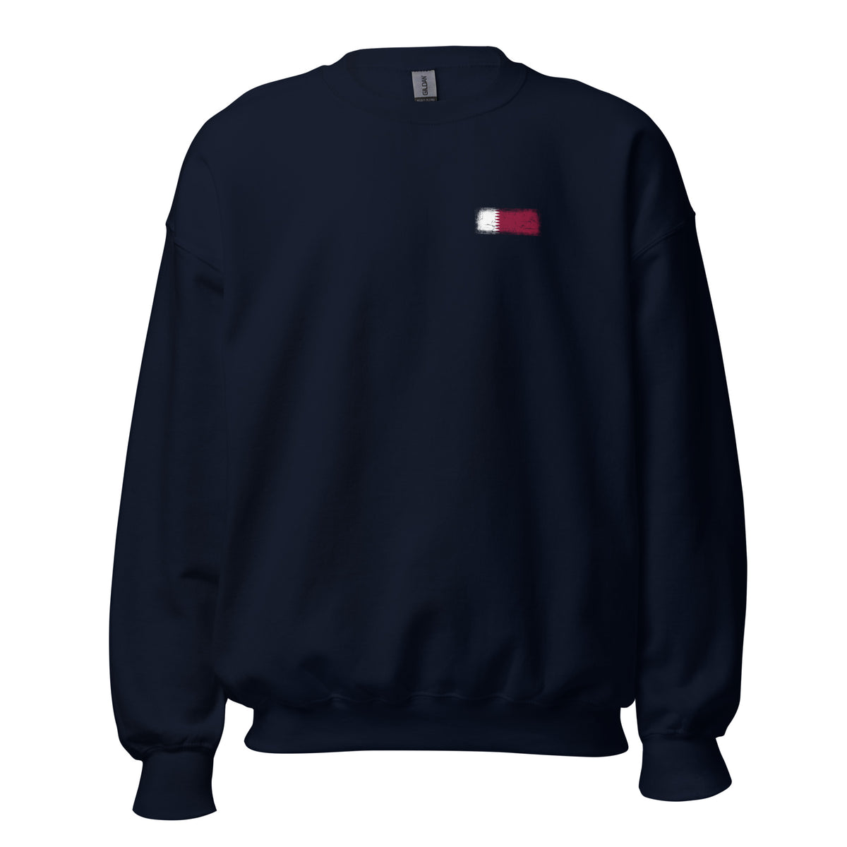 Qatar flag crew sweatshirt in Navy, vintage-washed print, small flag on the left chest, unisex cut, front view