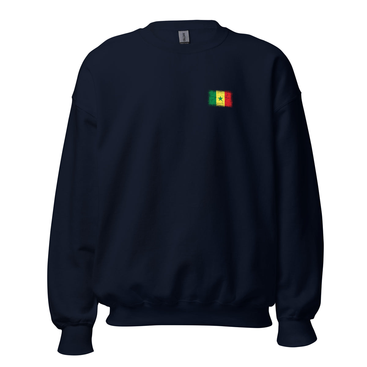 Senegal flag crew sweatshirt in Navy, vintage-washed print, small flag on the left chest, unisex cut, front view