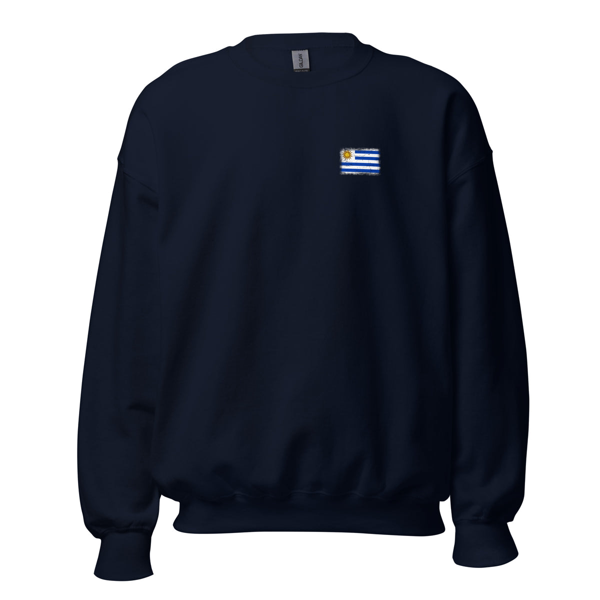 Uruguay flag crew sweatshirt in Navy, vintage-washed print, small flag on the left chest, unisex cut, front view
