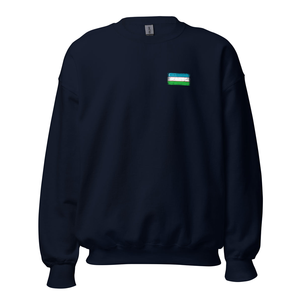 Uzbekistan flag crew sweatshirt in Navy, vintage-washed print, small flag on the left chest, unisex cut, front view