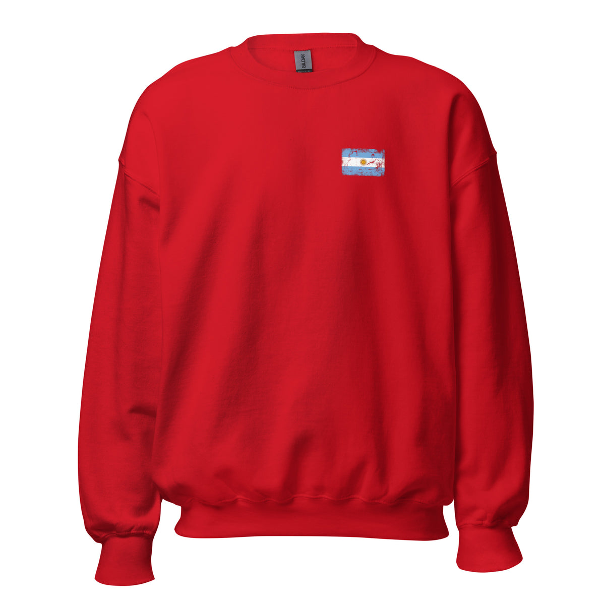 Argentina flag crew sweatshirt in Red, vintage-washed print, small flag on the left chest, unisex cut, front view