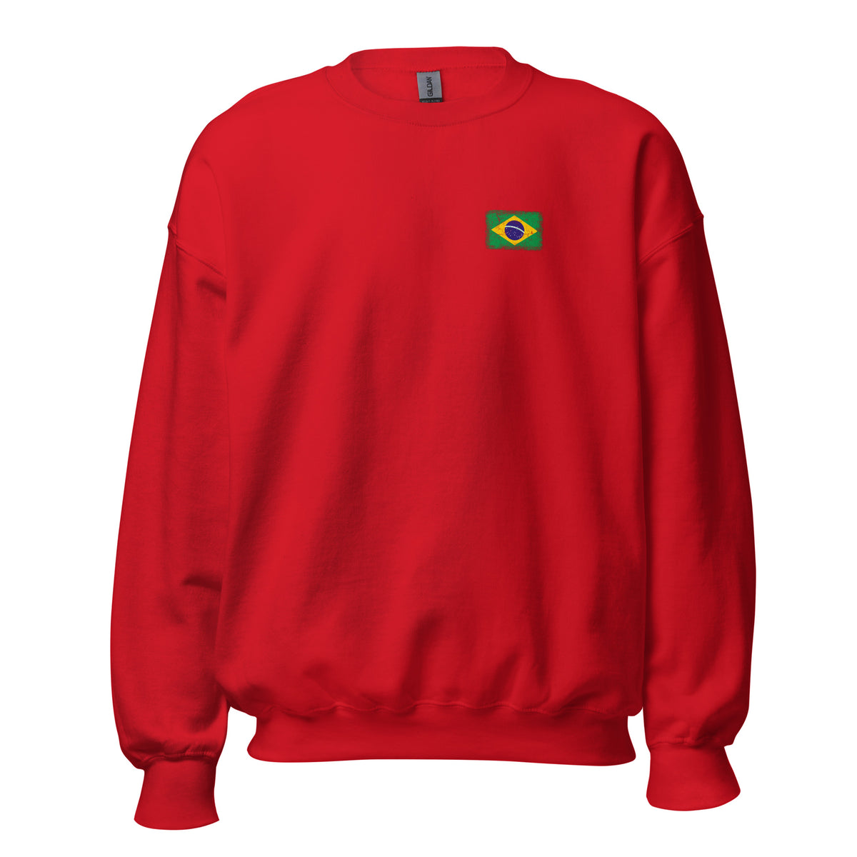 Brasil flag crew sweatshirt in Red, vintage-washed print, small flag on the left chest, unisex cut, front view
