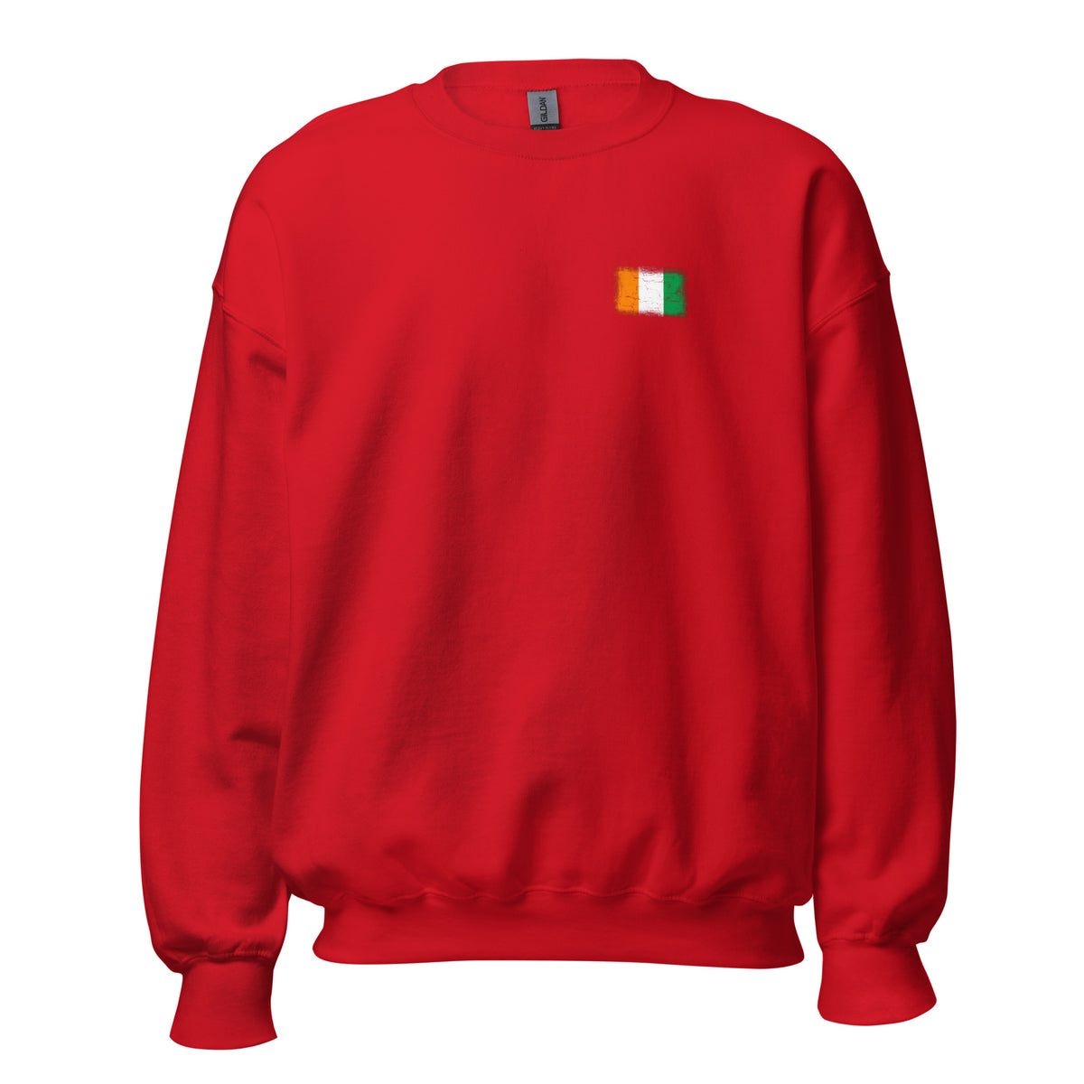 Côte d'Ivoire flag crew sweatshirt in Red, vintage-washed print, small flag on the left chest, unisex cut, front view
