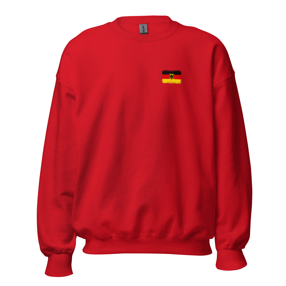 Germany flag crew sweatshirt in Red, vintage-washed print, small flag on the left chest, unisex cut, front view