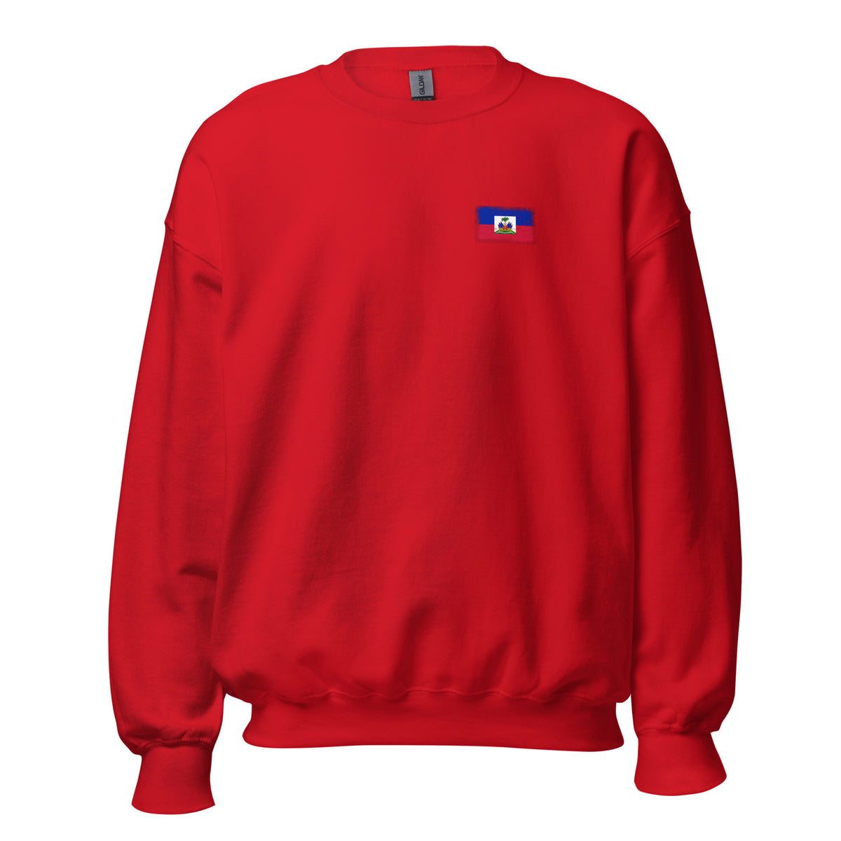 Haiti flag crew sweatshirt in Red, vintage-washed print, small flag on the left chest, unisex cut, front view