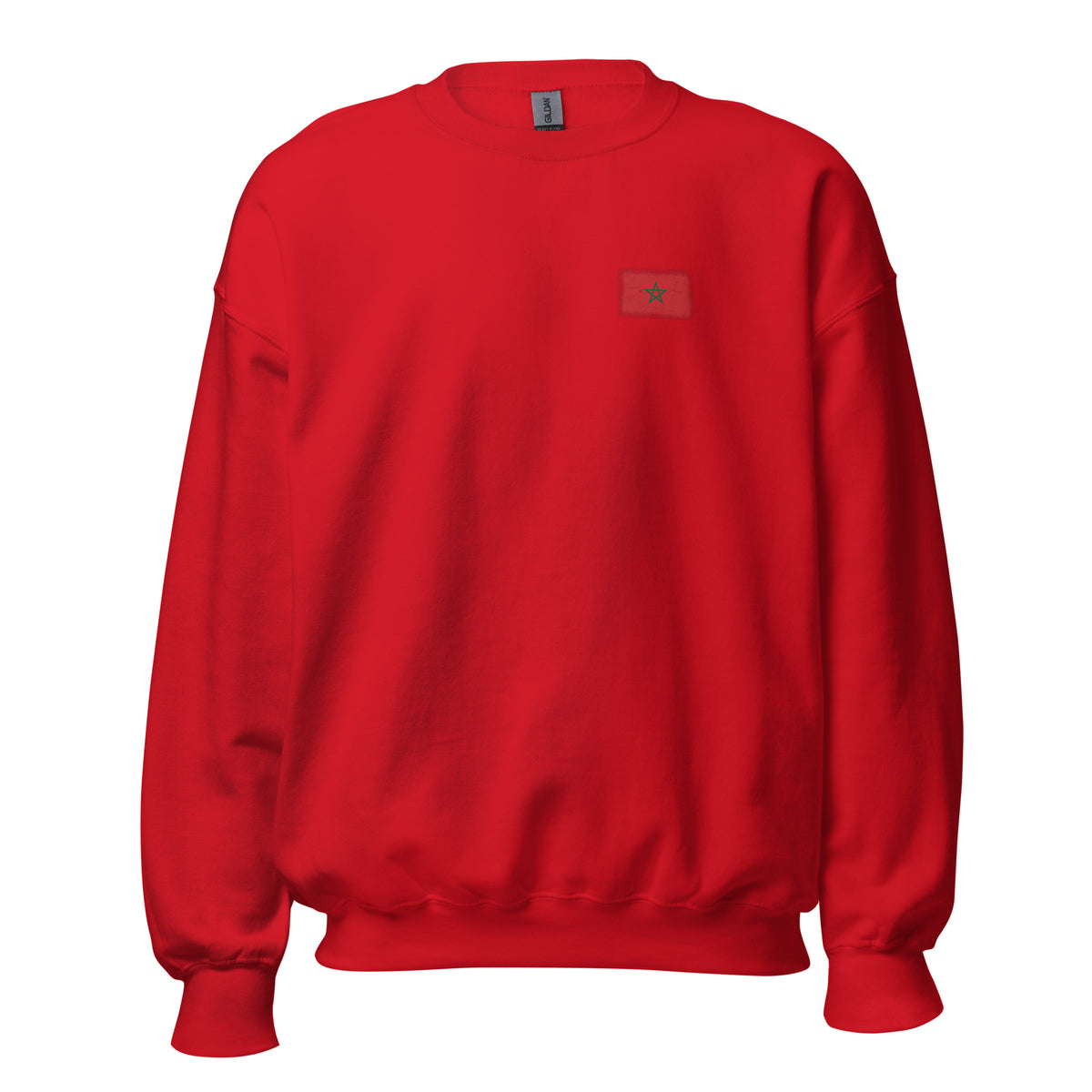 Morocco flag crew sweatshirt in Red, vintage-washed print, small flag on the left chest, unisex cut, front view