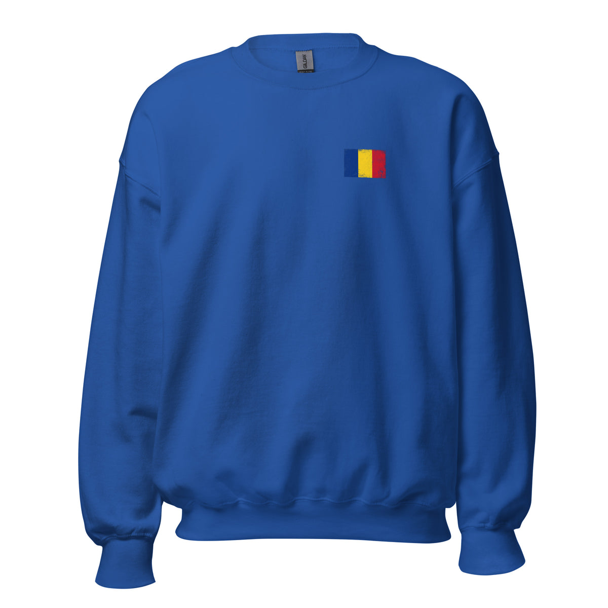 Romania flag crew sweatshirt in Royal, vintage-washed print, small flag on the left chest, unisex cut, front view